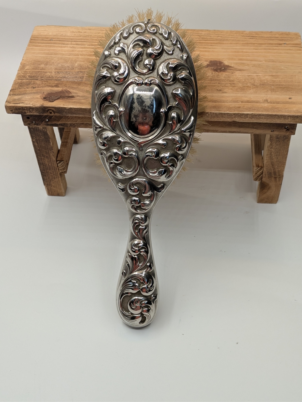 Ornate Silver Finish Decorative Dressing Brush - White Bristles